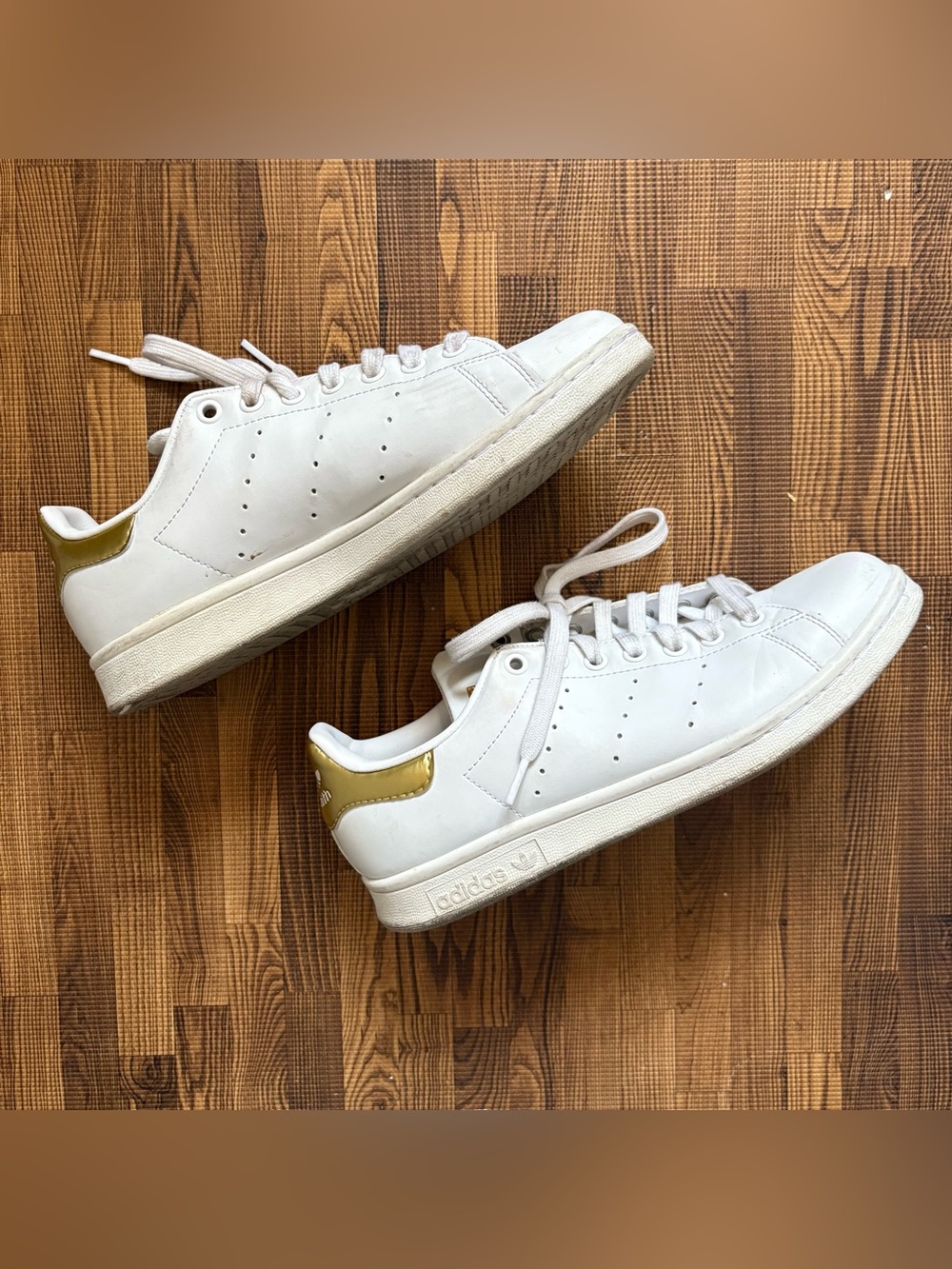 Classic Adidas White and Gold Stan Smith Sneakers 8 1/2